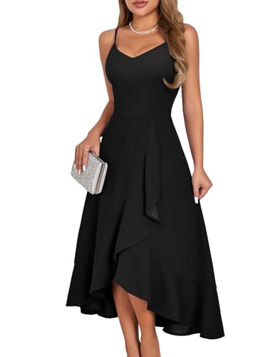DRESSTELLS Schwarzes Kleid Damen Elegant Cocktailkleid Festlich Träger Hochtief Kleid für Hochzeit Knielang Schickes Damenkleider Abendkleid Kurz Black M