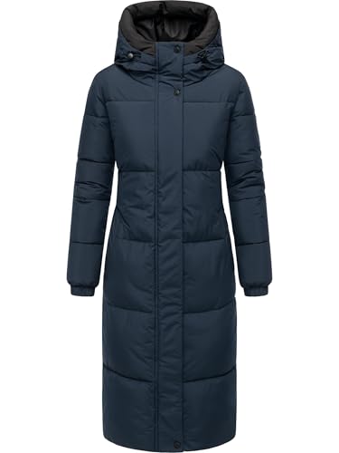 Navahoo Damen langer Wintermantel warmer Steppmantel mit 2-Wege-Reißverschluss und verstellbarer Kapuze Taublüte XIV Navy Gr. M