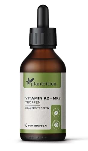 plantrition Vitamin K2 Mk7 Tropfen Vegan (100 µg pro Portion) 600 Tropfen Vitamin K2 Öl Natürliches Menaquinon MK-7 99% All-Trans (20ml) - Verpackung kann variieren