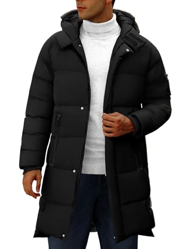 CMTOP Winterjacke Herren Warme Quilted Steppjacke Lang Hooded Einfarbig Wintermantel Winddicht Outdoor Jacken Metall Glänzende Casual Parka mit Reißverschluss(Schwarz, M)