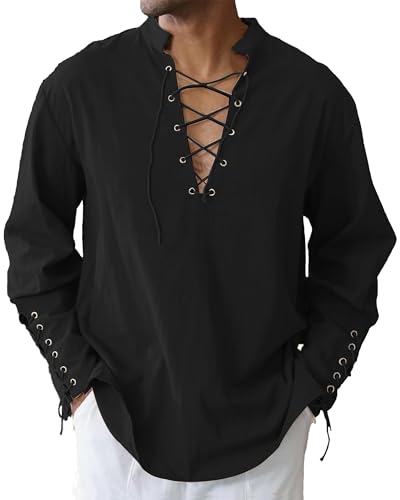 LVCBL Leinenhemd Herren Langarm Mittelalter Schnürhemd Retro-Stil Shirts Schwarz XL