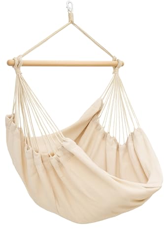 AMANKA XXL Hängesessel Beige 185x130 cm belastbar bis 150kg – Hängestuhl ideal zum Lesen & Entspannen – Hängesitz aus Baumwolle für Drinnen und Draussen ohne Gestell- Schwebesessel für 2