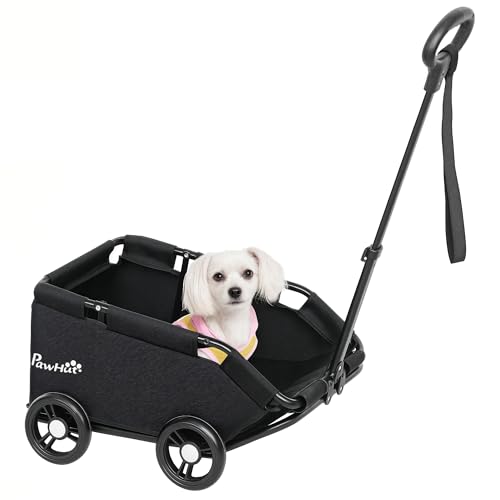 PawHut Hundewagen, klappbarer Hundebuggy für Zwergenhunde bis zu 4 kg, zusammenklappbarer Katzenbuggy mit Griffstange, waschbarem Kissen, Sicherheitsleinen, Aufbewahrungstasche, 4 Räder, Schwarz