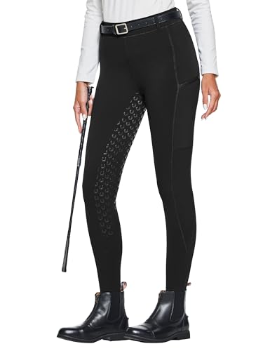 FitsT4 Sports Damen Winterreitleggings Fleece-Reithose Silikon Vollbesatz Reithose mit Reißverschluss-Taschen und Gürtelschlaufen,Schwarz,M