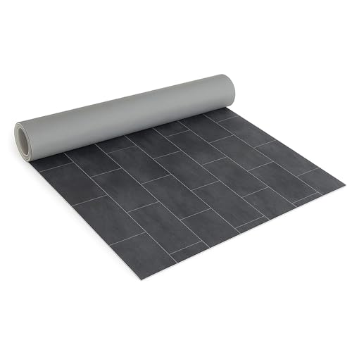 Internethandel Pfordt CV Bodenbelag Vinyl Fliesen Optik Dunkelgrau, 300x200 cm, pflegeleichter PVC Vinylboden, Meterware für Küche und Wohnzimmer