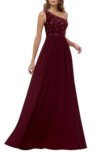 HOMEYEE Damen Elegant Pailletten Mesh Eine Schulter Glitzer Ballkleid Sexy Rückenfrei Abendkleider A-Linie Hochzeitskleid A503 (L, Burgund)