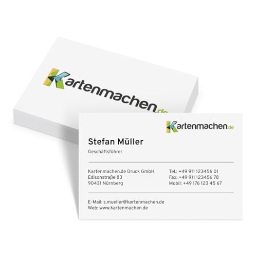 Personalisierte Logo Visitenkarten von 100 bis 2.500 Stück individuell selbst gestalten mit zwei eigenen Bildern und Text, dickes 300g/qm Papier, 85x55mm, beidseitiger klarer intensiver Druck