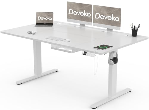 Devoko Höhenverstellbarer Schreibtisch 160x80cm mit Typ-C Ladeanschluss, Mobiler Elektrisch Computertisch mit Kabel Management Tray und 3-Funktions-Memory, Weiß