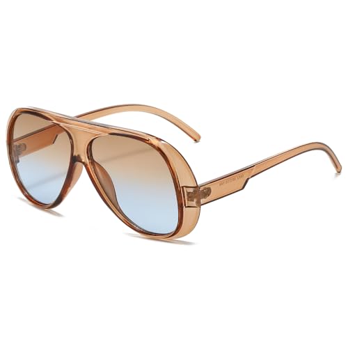 Long Keeper Retro Pilot Sonnenbrille Damen Herren Vintage 70er Jahre üBergroßE Sonnenbrillen Trends Piloten Oval Brillen UV400 Schutz (Klar Braun Farbverlauf Blau)
