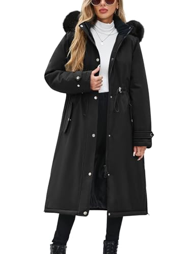 Yuson Girl Wintermäntel Damen Lang Gefüttert Mantel Winterjacke Herbst Winter Damen-mäntel Dicker Warm Fleecejacke Winddichte Outdoor Daunenmantel Elegant Parka mit Abnehmbar Kapuze(Schwarz, L)