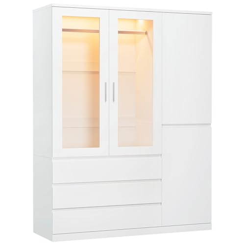 Dripex Vier Tore Schrank, Minimalistischer Wardrobe Closet mit Einer Kleiderstange und 3 Schubladen | 120 x 48 x 180cm | Weiß, Kleiderschrank für Schlafzimmer Kleiderschränke