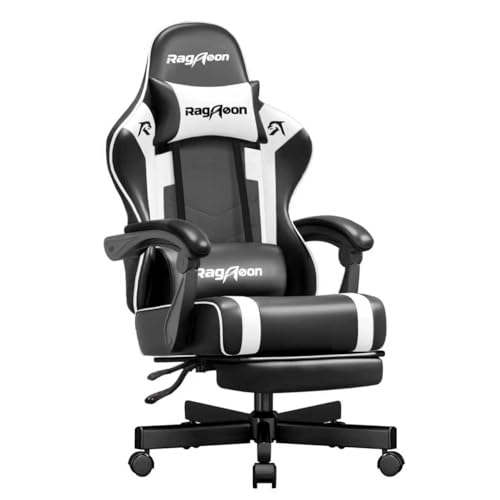 Riftracer Gaming Stuhl Chair Gamer Sessel - Ergonomischer Gamer Stuhl Höhenverstellbar Gepolstert Gamingstuhl mit Fußstütze Kopfstütze und Lordosenstütz PC Sessel Drehsessel Tragkraft 150 Kg Schwarz