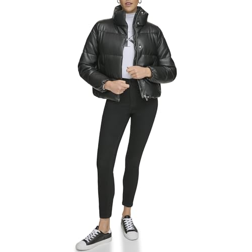 Calvin Klein Damen Kurze Pufferjacke aus Kunstleder Sherpa-Mantel aus, Schwarz, XS