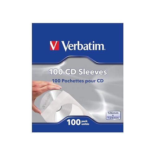 Verbatim CD Umschläge, 100 Stück, CD Hüllen, Hüllen für CD Rohlinge, Schutz vor Staub & Schmutz, CD Schutzhüllen mit Sichtfenster, verschließbare Papierhüllen für CD & DVD & Blu-Ray
