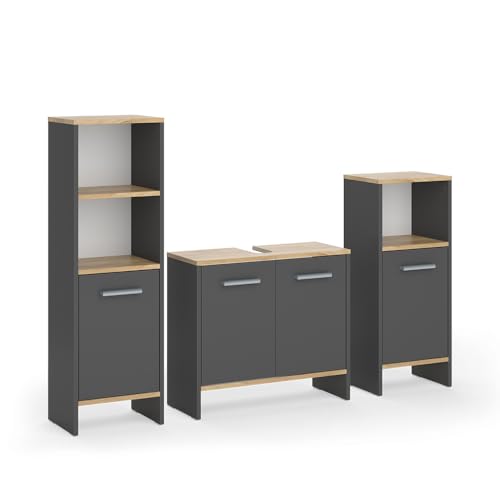 Vicco Badmöbel-Set Anthrazit/Goldkraft Eiche Karli, bestehend aus Bad Spiegelschrank, Waschbeckenunterschrank, Hochschrank - Platz für Pflege- und Badutensilien