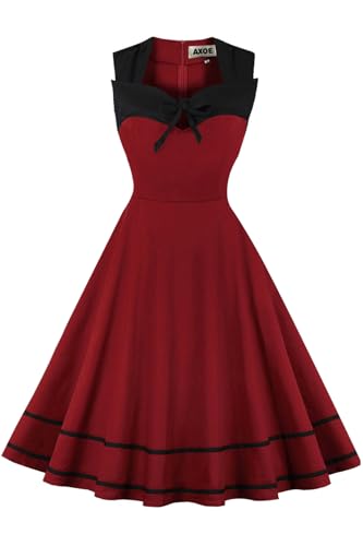 AXOE Damen Rockabilly Kleid 50er 60er Jahre Vintage Elegant Festlich Cocktailkleid für Hochzeitsgast Weiß mit Schwarz Punkten, Gr. 40, L