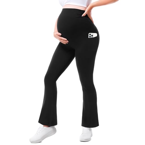 Walifrey Damen Umstandsleggings mit Taschen Hohe Taille Schwangerschaftsleggings Stretchy Mutterschaft Yoga Hosen für Arbeit Lounge Sporthose 29in Schwarz M