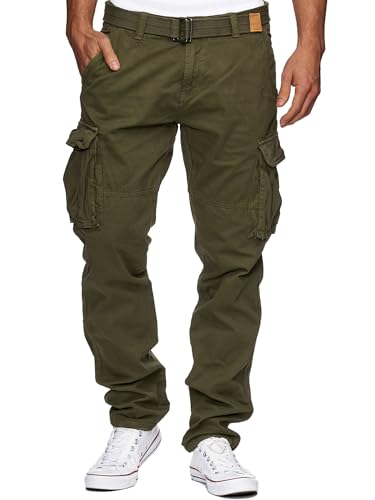 Indicode Herren William Cargohose aus Baumwolle m. 7 Taschen inkl. Gürtel | Outdoorhose Army, M
