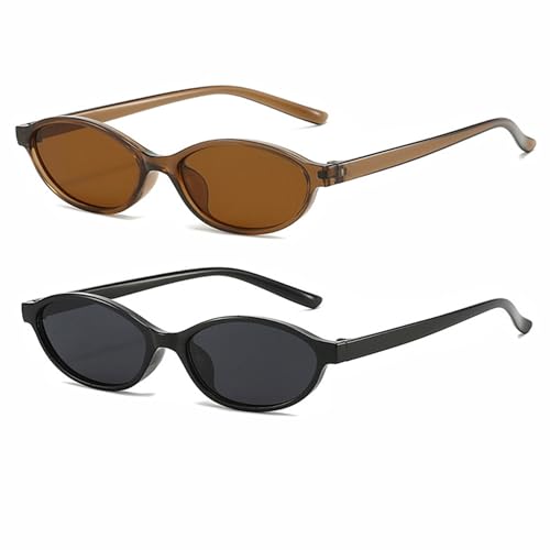 FSMILING 2 Stück Vintange Oval Cateye Sonnenbrille Damen Ovale Retro Sonnenbrille Trendy 90er Klein Schmal Katzenaugen Brille,Schwarz/Braun