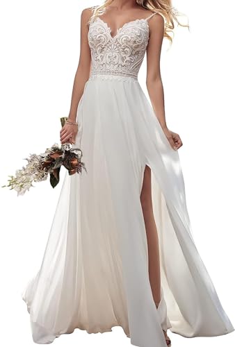 JAEDEN Brautkleider Damen Spaghettiträger Boho Hochzeitskleider Spitze Standesamtkleid Strand Braut Kleid Elfenbein 42