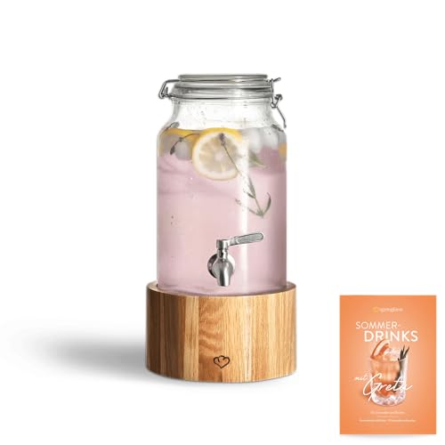 SPRINGLANE Glas Getränkespender 3,8 L Greta mit Edelstahl-Zapfhahn & Ständer aus Eichenholz, Limonaden-Spender, Vintage Design Mason Jar