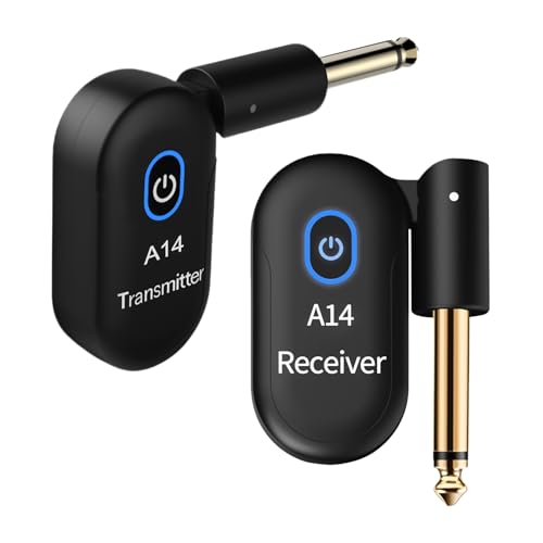Jemey Kabelloses Gitarrensystem, 2,4 GHz wiederaufladbarer Sender und Empfänger mit 8 Stunden Spielzeit, 24-Bit/48KHz Audio, 30 m Reichweite, Drahtloses E-Gitarrenkabel für E-Gitarre und Bass
