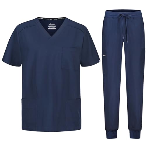 B-well MATTEO Herren-Schrubb-Set Schlupfkasack + JoggeR Hose Set Medizin Arzt Uniform Medizinische Berufsbekleidung mit Elastan (DE/NL/SE/PL, Alphanumerisch, 3XL, Regular, Regular, Blau)