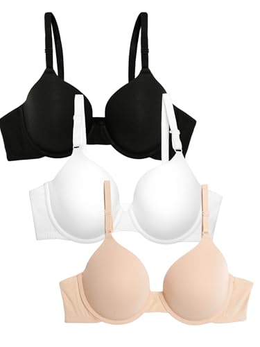 Fruit of the Loom Damen Glatter Baumwolle – Ultraweich, Flexibel und Unsichtbar T-Shirt-BH, Undurchsichtige, Schwarzfarben/Sand/Weiß, 95C (3er Pack)