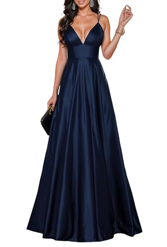HOMEYEE Damen Elegant V-Ausschnitt Lang Brautjungfernkleid Sexy Rückenfrei Abendkleider A-Linie Ballkleid Hochzeitskleid A490 (S, Marineblau)