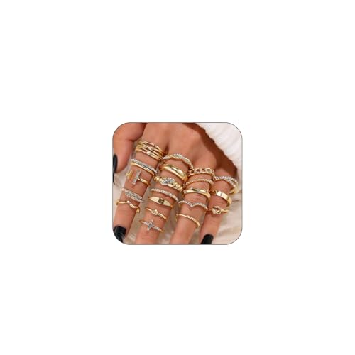 GlamRays Gold Ringe Set für Frauen, Zierliche Einfache Modebewusste Cute stapelbare Fingerringe Pack, stapelbares Schichtes auf Daumen und Mittelhandgelenk, gemischte Größen
