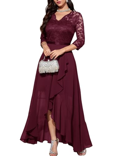 Bbonlinedress Abendkleider Langarm elegant Damen Spitze Chiffon V-Ausschnitt Brautjunferkleid Party Abschlusskleid festliches Ballkleid Burgundy XL