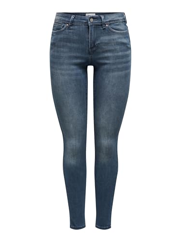 ONLY Damen Skinny Fit Jeans | Normal Waist Denim Stretch Hose | Bleached Used Design ONLWAUW, Farben:Dunkelblau, Größe:M / 32L