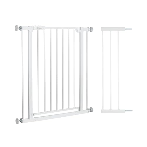 hauck Open N Stop 2 + 21 cm Verlängerung, Weiß - Kinderschutzgitter Hundegitter, Verstellbare Breite 96-101 cm, 77 cm Hoch, Beidseitige Einhand Öffnung, ohne Bohren, für Innen