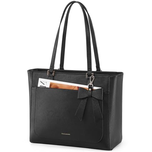 RAINSMORE Handtasche Damen Groß Shopper Business Tasche Damen Wasserdichte Leder Tote Bag Mittelgroß Arbeitstasche Henkeltasche Umhängetasche Schultertasche Schwarz