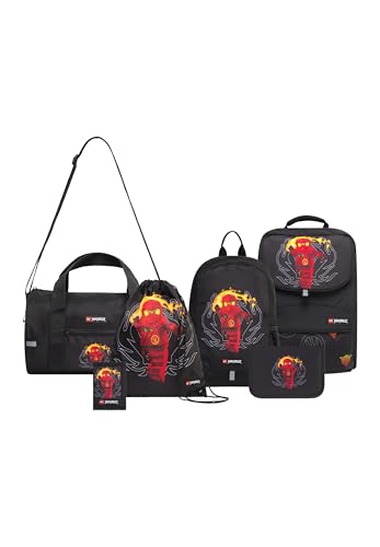 SKANDO BAGS Lego Ninjago Schulranzen Set Jungen & Mädchen ab 1. Klasse - 6-Teilig - Schulrucksack, Federmappe (Gefüllt), Turnbeutel, Kleinerer Rucksack, Geldbörse und Sporttasche, Rot