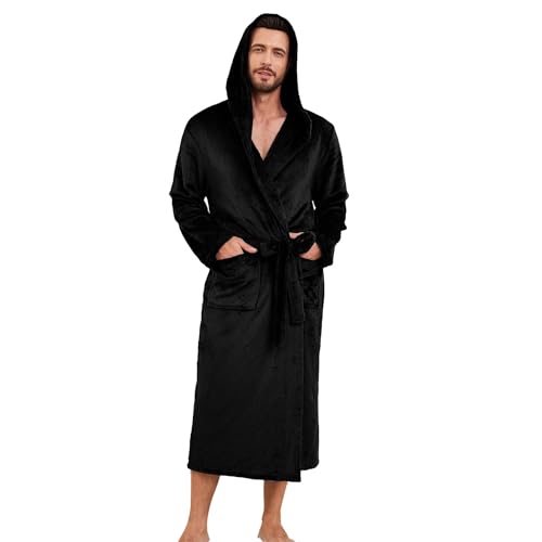 EK4YDNDS Herren Fleece Bademantel mit Kapuze, Flauschig Lang Mogenmantel Plüsch Bademantel mit Taschen Leicht weich Spa (Schwarz, L/XL)