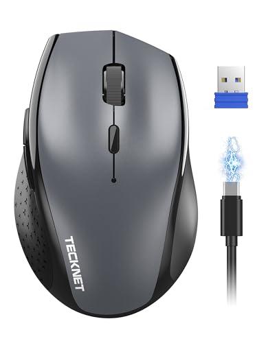 TECKNET PRO Kabellose Maus Wiederaufladbar, Silent Funkmaus 6400 DPI, 2,4 GHz Computermaus, Ergonomische Griffe, 6 Tasten, Tragbar Maus für PC, Laptop,Chromebook, Mac-Grau