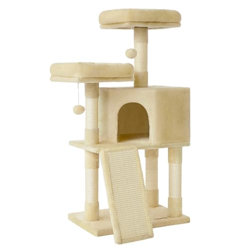FEANDREA Kratzbaum klein, Katzenbaum mit Kratzbrett, Plattformen, für Katze, weicher Plüsch, 115 cm, vollständig mit Sisal umwickelte Säule, beige PCT141M01