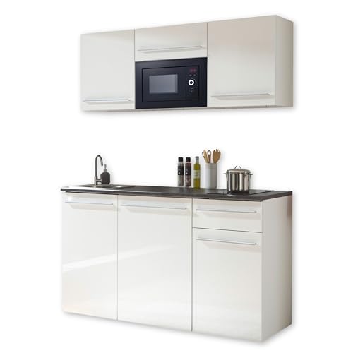 84-240-13 Single Küche JAZZ Küchenblock Küchenzeile Weiß / Weiß Hochglanz ca. 160 x 212 x 60 cm