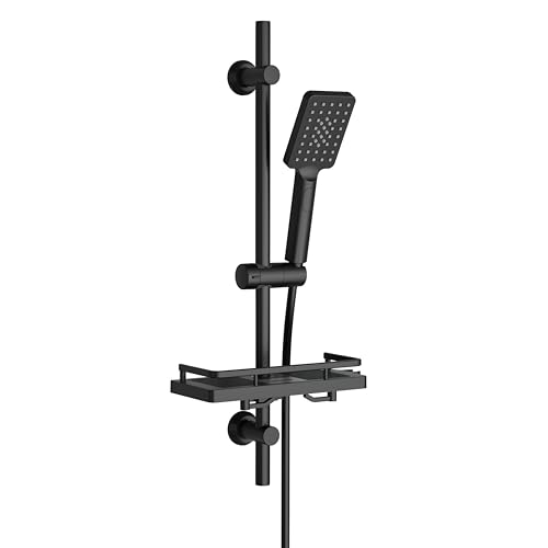 Görbach Edelstahl Duschset mit Duschablage, Wassersparend Brausestangeset 70cm Duschstange mit Duschkopfhalterung und Schlauch für Badezimmer Rechteckig Matt Schwarz