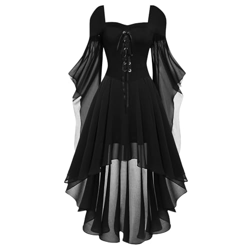 Generisch Halloween Kostüm Damen Gothic Kleid Mittelalter Kleidung Damen Gebundene Taille Hexenkostüm Einfarbig mit Schulterfreiem Ausschnitt Dress Vampir Renaissance Trompetenärmel Korsett ﻿