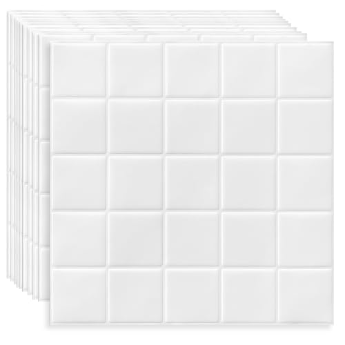 DEWOO 3D Fliesenaufkleber Metro Fliesen Wandverkleidung Klebefliesen Wandfliesen Selbstklebende Weiß Quadratische Küche Bad (30,5 x 30,5cm 10-Stück)