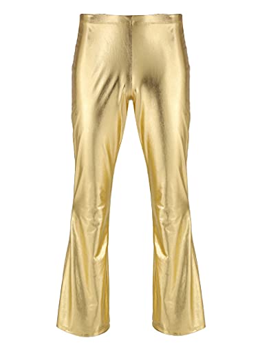 Yihuimin Lederhose Herren PU Leder Schlaghose Metallic Glänzend Pants Wetlook Hose Glitzer Disco 70er 80er Kleidung Tights Freizeithose Karnevalkostüm Gold XXL
