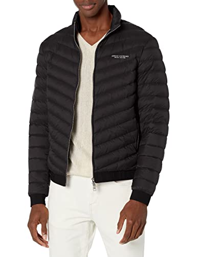Armani Exchange A|X ARMANI EXCHANGE Herren Daunenjacke mit Reißverschluss, Milano/New York Logo Daunenalternative Mantel, Schwarz/Melange Grau B, XL