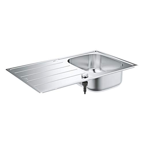 GROHE K200, Küchenspüle 1 Becken 86x50cm (Spülbecken links oder rechts einbaubar, Waschbecken für Unterschränke mit 45cm, mit Ablaufgarnitur, Siebkorb, Montageset), edelstahl, 31552SD1