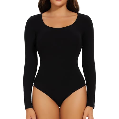 Joyshaper Damen Langarm Body U-Ausschnitt Bodysuit Top Stringbody Basic Unterziehbody Longsleeve Shirt für Frauen Schwarz M