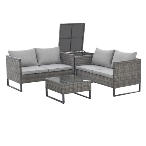 SVITA Kansas Rattanlounge Gartenmöbel Set Sitzgarnitur Outdoor Sitzlounge Terrasse Gartensofa Kissenbox Tisch Polyrattan Stahlgestell Grau