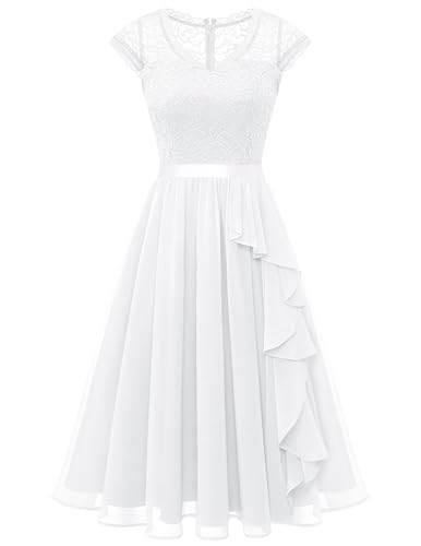 Wedtrend Spitzenkleid Damen Elegant Knielang Festliche Kleider für Hochzeit Abschlusskleider Brautkleid A Linie WT0212 White-L