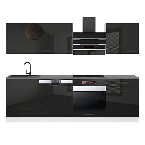 Belini Küchenzeile Küchenblock Susan - Küchenmöbel 240 cm Einbauküche Vollausstattung ohne Elektrogeräten mit Hängeschränke und Unterschränke, mit Arbeitsplatten, Schwarz Hochglanz