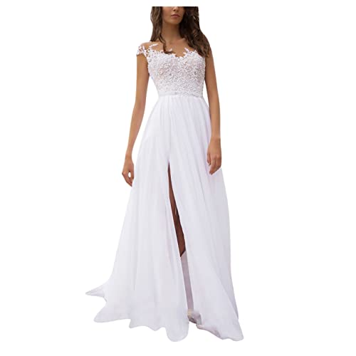Hochzeitskleider für Damen - Abendkleider Elegant für Hochzeit Damen Abendkleid Lang Spitzen Chiffon Kleid V-Ausschnitt mit Schlitz Sexy Rückenfrei Ballkleid Brautkleid Brautjungfernkleider